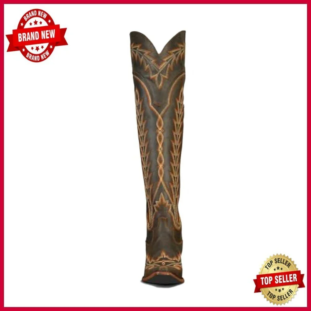 Over the Knee Cowboy Boots Chunky Heel Embroidery Western Side Zipper